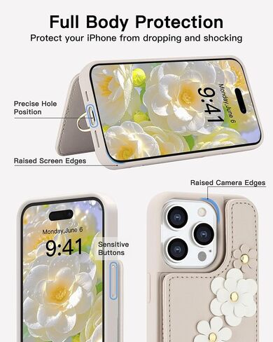 متوافق مع iPhone 15 Wallet Case مع حامل بطاقة للنساء ، Kickstand ، Crossbody Lanyard ، Wrist Strap Flower Flower Cover المصمم لـ iPhone 15 6.1 "، Beige in Kuwait
