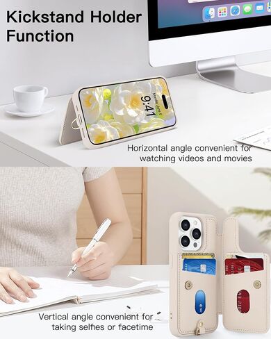 متوافق مع iPhone 15 Wallet Case مع حامل بطاقة للنساء ، Kickstand ، Crossbody Lanyard ، Wrist Strap Flower Flower Cover المصمم لـ iPhone 15 6.1 "، Beige in Kuwait