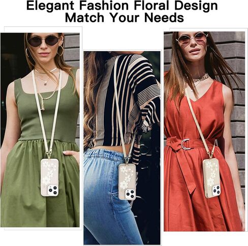 متوافق مع iPhone 15 Wallet Case مع حامل بطاقة للنساء ، Kickstand ، Crossbody Lanyard ، Wrist Strap Flower Flower Cover المصمم لـ iPhone 15 6.1 "، Beige in Kuwait