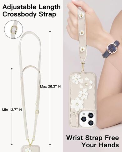 متوافق مع iPhone 15 Wallet Case مع حامل بطاقة للنساء ، Kickstand ، Crossbody Lanyard ، Wrist Strap Flower Flower Cover المصمم لـ iPhone 15 6.1 "، Beige in Kuwait