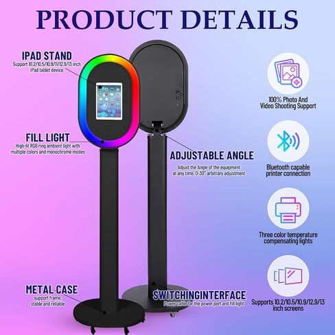 Photo Booth for iPad 10.2'' 10.5'' 10.9" 11" 12.9" 13" Shell Stand Selfie Station Customized Logo Photobooth Machine with Beauty RGB Ring Light and Honeycomb Box for Events Wedding Parties in Saudi Arabia