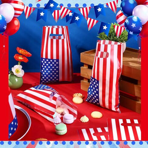 Chivertion 48 PCS أكياس الهدايا البلاستيكية الوطنية بالجملة الأمريكية قدامى المحاربين القدامى يوم أبيض وأزرق يحمل الأكياس لزينة حفلة عيد العمال in Saudi Arabia