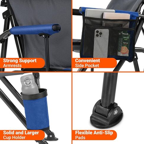 Overmont Back Support Camping Chair for Adults - Oversized with Adjustable High Backrest - Heavy Duty Folding Chair Supports 450 LBS - Cup Holder & Side Pocket – Perfect for Outdoor, Lawn, Beach Use in Kuwait