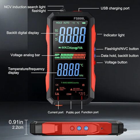 FS899L Digital Multimeter with Color Screen, USB C Rechargeable Electrical Testing, 6000 Counts True RMS AC/DC Voltage Tester, NCV, Capacitance, Non Contact Voltage Detector for Car, Home(FS899L) in Kuwait