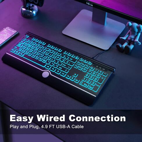 Backlit Computer Keyboards, Wired Light Up Keyboards with 7-Color Backlit, USB Lighted Keyboard Easy to See and Type, Corded Full-Size Keyboard for Windows Desktop, Laptop, PC in Saudi Arabia