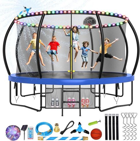 12 14 16FT Outdoor Trampoline for Kids and Adults, Large Recreational Trampoline with Net, Heavy Duty Trampoline with Basketball Hoop, Light, Stakes and Sprinkler in Saudi Arabia