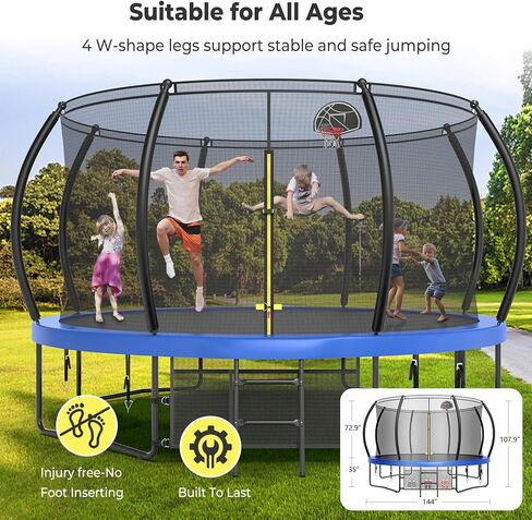 12 14 16FT Outdoor Trampoline for Kids and Adults, Large Recreational Trampoline with Net, Heavy Duty Trampoline with Basketball Hoop, Light, Stakes and Sprinkler in Saudi Arabia