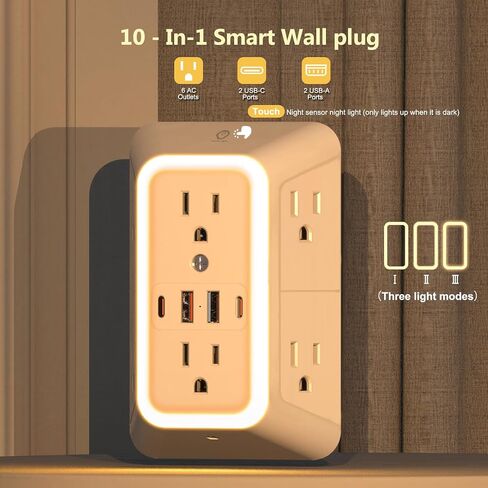 Wall Outlet Extender with Night Light, Power Plug Adapter 6 Outlet Extender with 4 USB Charging Ports 1050J Power Strip Multi Plug Adapter Spaced for Home Travel Office (2U2C) in Saudi Arabia