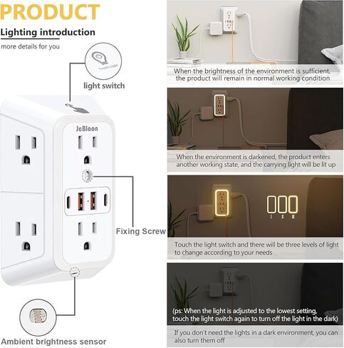 Wall Outlet Extender with Night Light, Power Plug Adapter 6 Outlet Extender with 4 USB Charging Ports 1050J Power Strip Multi Plug Adapter Spaced for Home Travel Office (2U2C) in Saudi Arabia