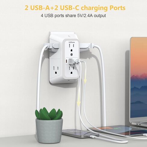 Wall Outlet Extender with Night Light, Power Plug Adapter 6 Outlet Extender with 4 USB Charging Ports 1050J Power Strip Multi Plug Adapter Spaced for Home Travel Office (2U2C) in Saudi Arabia