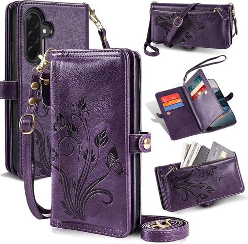 Lacass for Samsung Galaxy A26 5G Case Wallet,[Cards Theft Scan Protection] Card Holder Zipper Leather Flip Cover Crossbody Wrist Strap with Stand (Floral Dark Purple) in Saudi Arabia