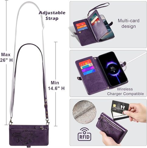 Lacass for Samsung Galaxy A26 5G Case Wallet,[Cards Theft Scan Protection] Card Holder Zipper Leather Flip Cover Crossbody Wrist Strap with Stand (Floral Dark Purple) in Saudi Arabia