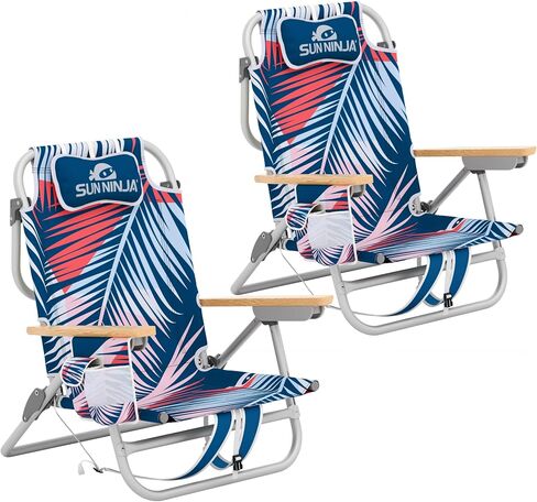 SUN NINJA Folding Beach Chair with Headrest Pillow, Low Profile Lightweight Easy Carry Beach Chair for Adults, Comfortable Wooden Armrests, Stylish Fabric Seat Patterns - Flamingo 1pc in Saudi Arabia