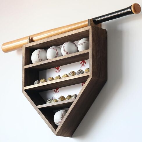 Baseball Display Case 17 x 12, Holder for 20 Balls, 9 Championship Rings, Solid Wood Baseball Box with Lockable Acrylic Door, Bat Rack, Wall Mount Display Cabinet for Collectibles and Trophies in Saudi Arabia