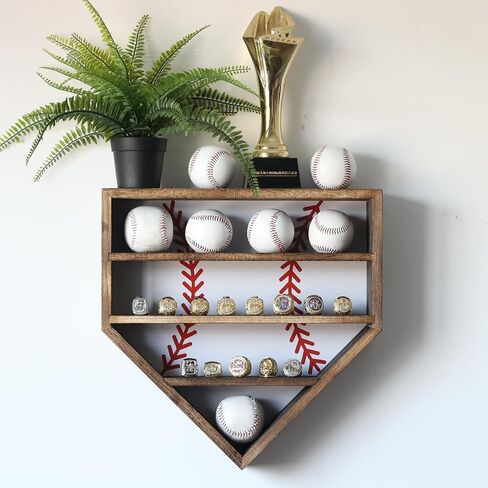 Baseball Display Case 17 x 12, Holder for 20 Balls, 9 Championship Rings, Solid Wood Baseball Box with Lockable Acrylic Door, Bat Rack, Wall Mount Display Cabinet for Collectibles and Trophies in Saudi Arabia