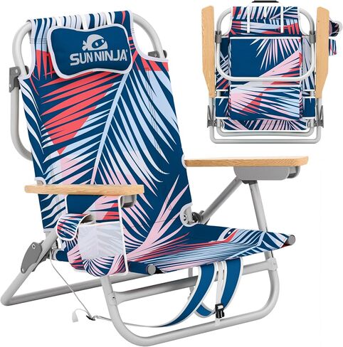 SUN NINJA Folding Beach Chair with Headrest Pillow, Low Profile Lightweight Easy Carry Beach Chair for Adults, Comfortable Wooden Armrests, Stylish Fabric Seat Patterns - Flamingo 1pc in Saudi Arabia