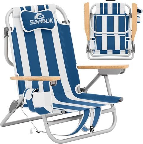 SUN NINJA Folding Beach Chair with Headrest Pillow, Low Profile Lightweight Easy Carry Beach Chair for Adults, Comfortable Wooden Armrests, Stylish Fabric Seat Patterns - Flamingo 1pc in Saudi Arabia