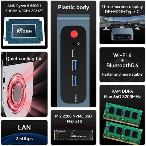 TRIGKEY S5 AMD Ryzen 5 Mini PC, 5500U (6C/12T, Up to 4.0GHz) Micro Computer, 16GB DDR4 3200MHz| 500GB M.2 2280 NVME SSD, Small PC 4K Triple Displays, WiFi 6+BT5.2+2.5G, DP/HDMI/USB3.2 * 3 in Kuwait