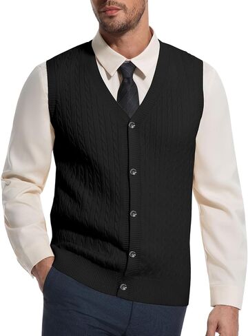 Men’s V-Neck Sleeveless Sweater Vest – Solid Black Knit Vest for Men, Classic Pullover Style, Mens Sweater Vest in Saudi Arabia