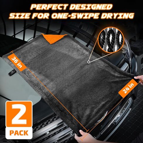 2-Pack 1200 GSM Car Drying Towels – Microfiber Towels for Cars (36" x 24"), Ultra-Absorbent, Streak-Free, Scratch-Free, No Water Spots, Double-Twist Pile & Edgeless Design in Kuwait