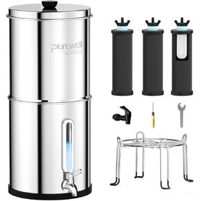 Purewell 2.25G Gravity-fed Water Filter System with 3 Filters, 3-Stage Ultra-Filtration Stainless Steel Countertop System with Water Level Window, Reduce 99% Chlorine, 9,000G Filter Capacity, PW-KS-3C in Kuwait