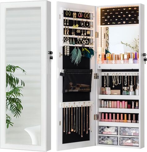Luxfurni LED Lights Mirror Mirror Jewellry Cabinet Wall Orged Or Door ، مرآة كاملة الطول مع تخزين ، مرآة مكياج مدمجة ، منظم مرآة للمجوهرات القابلة للقفل ، أبيض in Kuwait