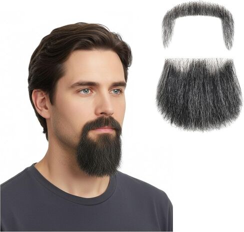 Fake Full Beard with Sideburns for Men, Bushy Human Hair Beard with Soft Lace Backside, Realistic Thick Mustache and Beard Costume for Cosplay, Halloween and Performance (Brown mix with Grey-White) in Kuwait