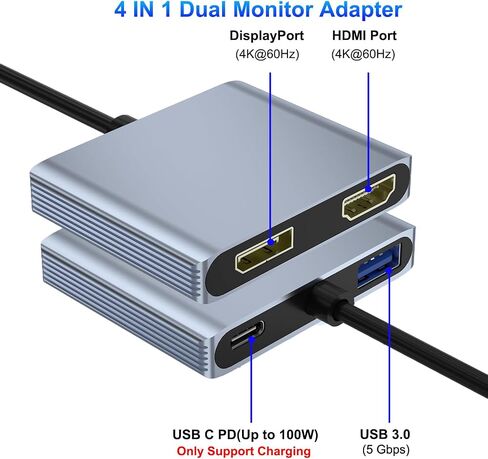 USB C to Dual HDMI Adapter 4K@30Hz, Dual Monitor Adapter for Extended Display, Laptop Docking Station Dual Monitor with 2 HDMI/USB3.0/100W PD Fast Charging, Compatible with HP/Dell/MacBook/Lenovo in Saudi Arabia