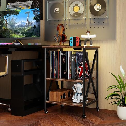 Giantex Record Player Stand ، طاولة تخزين سجلات فينيل مع 3 فواصل على شكل M و 4 عجلات متداول ، حامل القرص الدوار يحمل ما يصل إلى 250 ألبوم لغرفة المعيشة ، مكتب ، بني ريفي in Saudi Arabia
