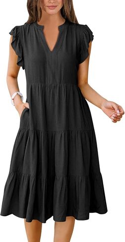 anrabess المرأة الصيفية فستان الكشكش الأكمام v الرقبة midi فساتين الأزياء غير الرسمية flowy tiery boho الشاطئ in Saudi Arabia