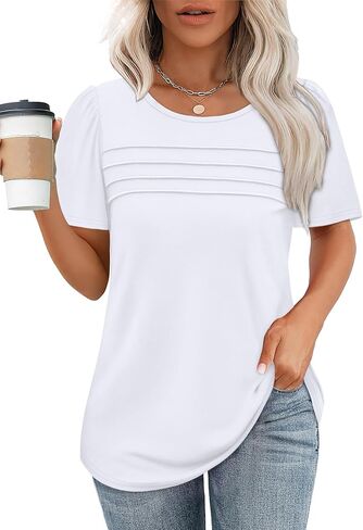 OFEEFAN Womens T Shirts Short Sleeve Tops Dressy Casual Blouses Spring Summer Outfits Flowy Pleated Front Scooped Neck in Saudi Arabia