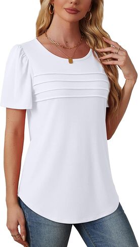 OFEEFAN Womens T Shirts Short Sleeve Tops Dressy Casual Blouses Spring Summer Outfits Flowy Pleated Front Scooped Neck in Saudi Arabia