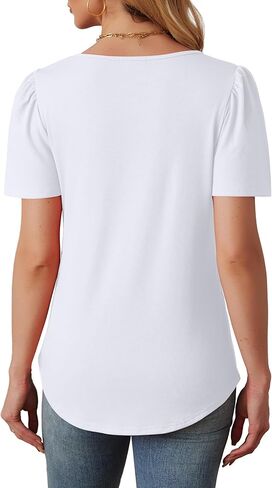 OFEEFAN Womens T Shirts Short Sleeve Tops Dressy Casual Blouses Spring Summer Outfits Flowy Pleated Front Scooped Neck in Saudi Arabia