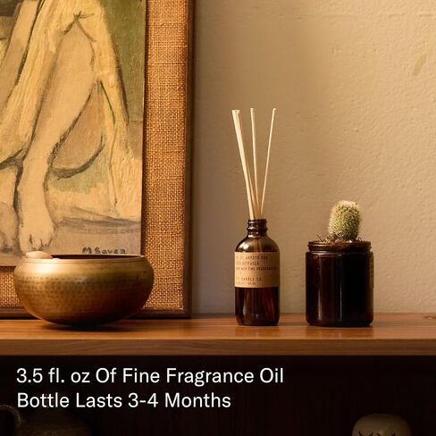 P.F. Candle Co. Amber & Moss Classic Scented Rattan Reed Diffuser (3.5 fl oz) Amber Glass Jar, Fine Fragrance Oil, Flame-Free Fragrance, Made in The U.S.A. in Saudi Arabia