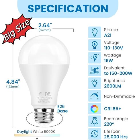 مصابيح مصباح LED مشرقة فائقة ، 150 واط مكافئة ، 5000 كيلو أبيض ضوء النهار ، 2600 لومين مرتفع ، قاعدة E26 ، غير قابلة للتجويف ، A21 19W مصابيح LED بيضاء مشرقة كفاءة في الطاقة لشرفة المكاتب المنزلية ، 6 حزم in Kuwait