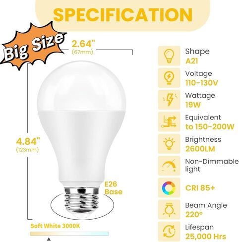 مصابيح مصباح LED مشرقة فائقة ، 150 واط مكافئة ، 5000 كيلو أبيض ضوء النهار ، 2600 لومين مرتفع ، قاعدة E26 ، غير قابلة للتجويف ، A21 19W مصابيح LED بيضاء مشرقة كفاءة في الطاقة لشرفة المكاتب المنزلية ، 6 حزم in Kuwait