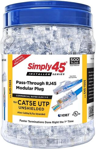 Unshielded Pass-Through RJ45 Modular Plugs with Cap45 for 24AWG Solid (Cat5e) - Blue, 28-26AWG Stranded, 3 Prong, 500 Pieces - S45-1505P in Saudi Arabia