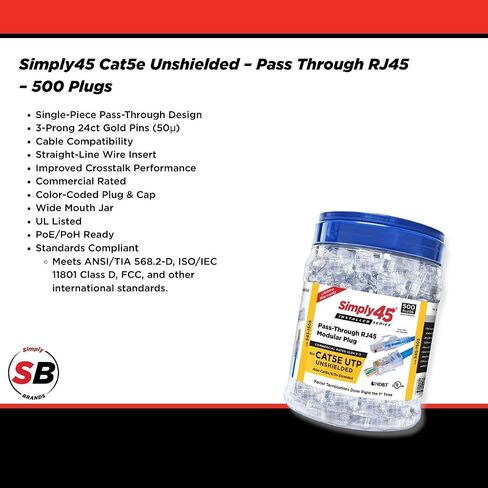 Unshielded Pass-Through RJ45 Modular Plugs with Cap45 for 24AWG Solid (Cat5e) - Blue, 28-26AWG Stranded, 3 Prong, 500 Pieces - S45-1505P in Saudi Arabia
