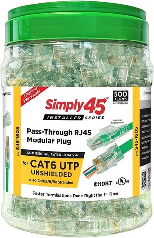 Unshielded Pass-Through RJ45 Modular Plugs with Cap45 for 24AWG Solid (Cat5e) - Blue, 28-26AWG Stranded, 3 Prong, 500 Pieces - S45-1505P in Saudi Arabia