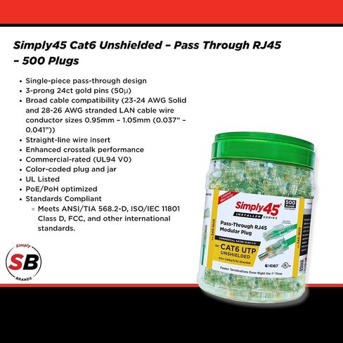 Unshielded Pass-Through RJ45 Modular Plugs with Cap45 for 24AWG Solid (Cat5e) - Blue, 28-26AWG Stranded, 3 Prong, 500 Pieces - S45-1505P in Saudi Arabia