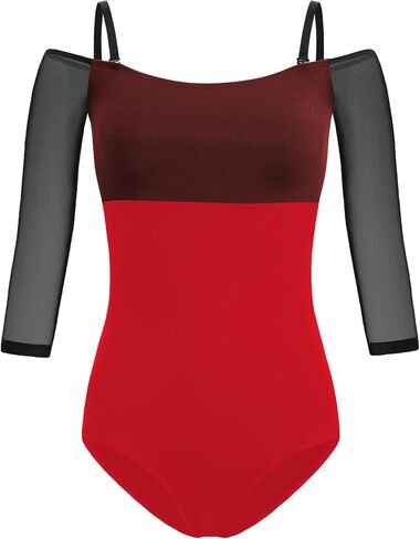 HROYL Women's Off-the-Shoulder Ballet Leotard with Mesh Panels - 3/4 Sleeve Fitted Dance Top in Saudi Arabia