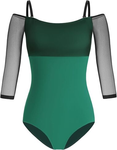 HROYL Women's Off-the-Shoulder Ballet Leotard with Mesh Panels - 3/4 Sleeve Fitted Dance Top in Saudi Arabia