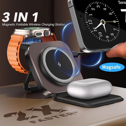 15W Magnetic Wireless Charging Station,XO 3-in-1 Wireless Charging Station with Night-Lamp for iPhone 16/15/14/13/12,Watch,Airpods,Fast Charge Multiple Devices in Saudi Arabia