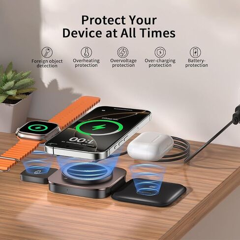 15W Magnetic Wireless Charging Station,XO 3-in-1 Wireless Charging Station with Night-Lamp for iPhone 16/15/14/13/12,Watch,Airpods,Fast Charge Multiple Devices in Saudi Arabia