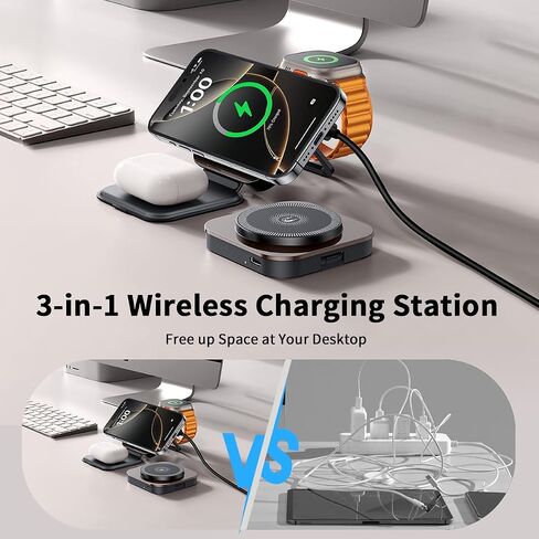 15W Magnetic Wireless Charging Station,XO 3-in-1 Wireless Charging Station with Night-Lamp for iPhone 16/15/14/13/12,Watch,Airpods,Fast Charge Multiple Devices in Saudi Arabia