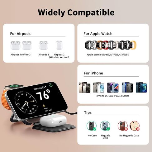 15W Magnetic Wireless Charging Station,XO 3-in-1 Wireless Charging Station with Night-Lamp for iPhone 16/15/14/13/12,Watch,Airpods,Fast Charge Multiple Devices in Saudi Arabia