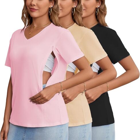 Ecavus Women's Nursing Shirts 3-Pack V Neck Breastfeeding Shirts with Hidden Zipper Short Sleeve Loose Fit Nursing Tops in Kuwait