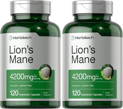 Horbäach Lions Mane Mushroom Extract | 4200mg | 120 كبسولات | نبات نباتي ، غير محلي ، ملحق خالي من الغلوتين in Kuwait