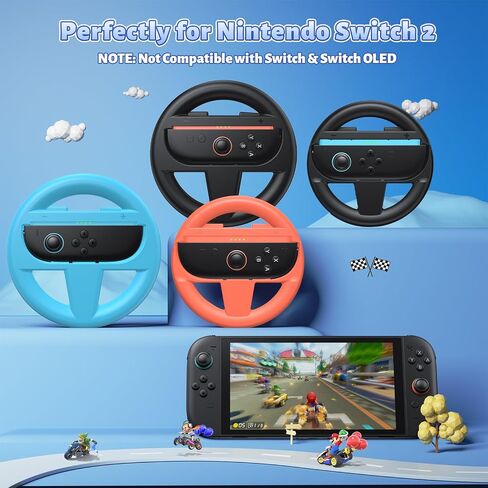 FASTSNAIL Switch 2 Controller Grips (2 Pack) & Steering Wheels (2 Pack), Ergonomic Handles Kit for Nintendo Switch 2 Mario Kart World Wheel, Mario Kart 8 Deluxe Accessories with Family Party Bundle in Saudi Arabia