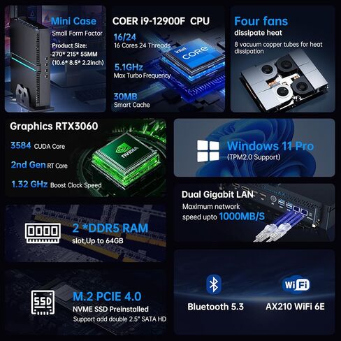 MSECORE MINI GAMING PC ، CORE I9-12900F مع RTX3060 12G ، 64G DDR5 RAM 2T PCIE 4.0 SSD كمبيوتر سطح المكتب ، 2*HDMI ، 2*DP ، أربعة شاشة ، WIFI 6E ، تحرير الفيديو المناسب ، Optical ، Windows 11 PRO PRO in Kuwait